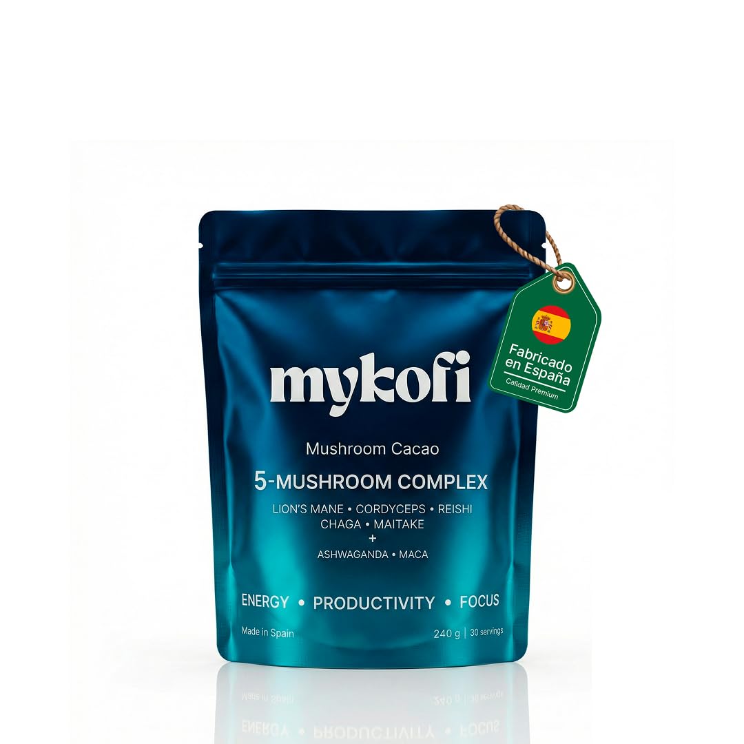 Cacao con Hongos Adaptógenos 7 en 1 – Melena de León, Cordyceps, Reishi, Chaga, Maitake, Ashwagandha y Maca – Energía Natural, Enfoque Mental y Bienestar Diario – 30 Raciones