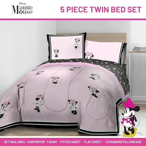 Image of Jay Franco Kids Comforter Set Includes Sheets and Pillow Covers - Soft and Cozy Bed Set for Stylish Room Decor, Official Licensed Bedding, Multi - Minnie Mouse, 5 Piece Twin