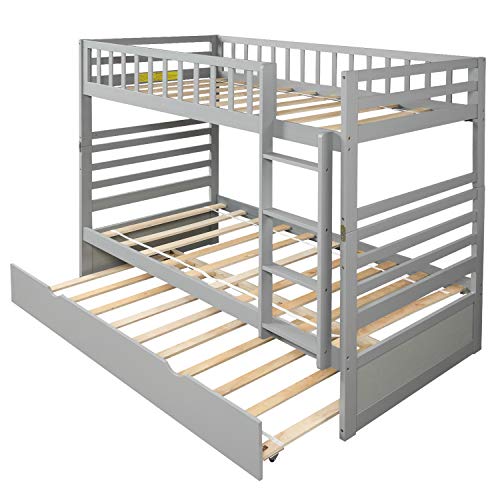 Solid Wood Bunk Beds with Trundle, Twin Over Twin Bed Frame with Ladder and Guardrail (Gray) - Thumbnail 2