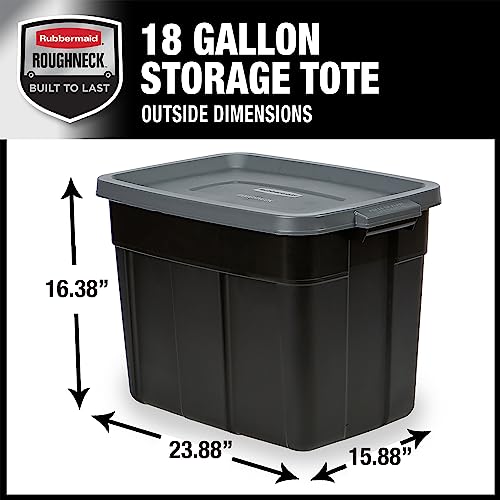 Image of Rubbermaid Roughneck Tote Durable 18 Gallon Stackable Plastic Storage Containers with Lids and Easy Carry Handles, Pack of 6, Black /Cool Gray