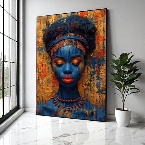 Art africain coloré pour salon tableau femme tribale bleue sur toile