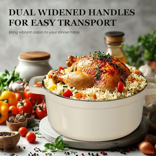 Overmont 26cm Enameled Cast Iron Dutch Oven - 5L Pot with Lid Cookbook & Cotton Potholders - Heavy-Duty Cookware for Braising, Stews, Roasting, Bread Baking burgundy, White - 3