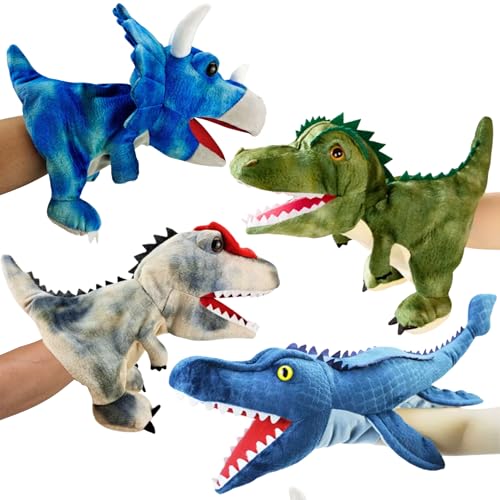 Dinosaur Hand Puppets for Kids – 4 Pack – Soft Plush Puppet Toys with Moveable Mouths – Gifts for Boys & Girls (Dinosaurs 4pk)