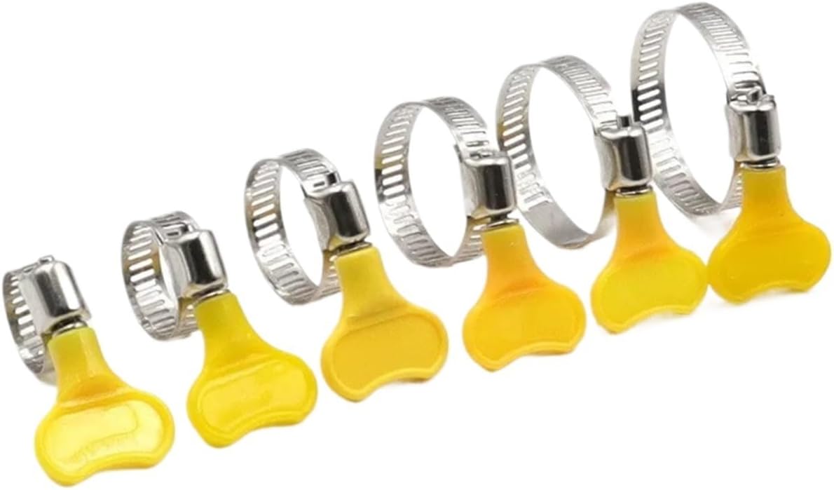 50PCS Adjustable Yellow Plastic Handle Hand Twist Hose Clamps Driving 8-32mm Stainless Steel Butterfly Pipe Clips(19-29mm)