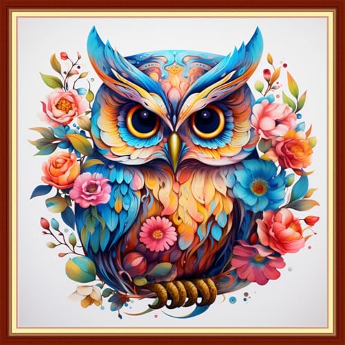 Image of Findvoor Stamped Cross Stitch Kits for Beginner Embroidery Kits for Beginners Adults DIY 11CT Cross Stitch Patterns Needlepoint Kits Crossstitching Kits-Flower owl 18x18 inch
