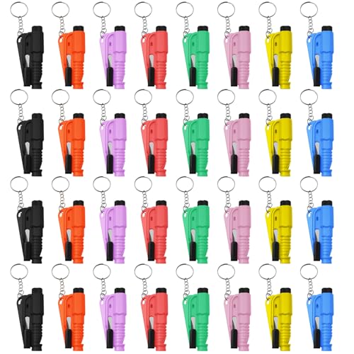 Image of 32 Pcs Car Window Breaker Key Chains, 3 in 1 Glass Breaker Seat Belt Cutter Survival Whistle, Portable Safety Emergency Escape Tools, Multifunctional Car Accessories for All Vehiclesains