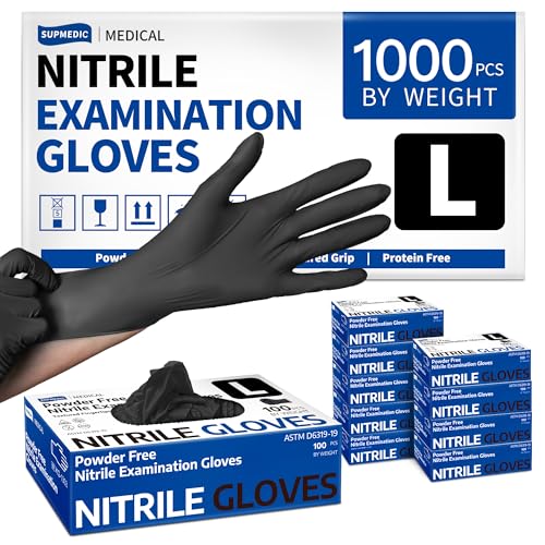 Supmedic Disposable Nitrile Gloves, Chemical Resistant, Powder-Free, Latex-Free, Food Safe, Medical Exam Gloves, Black, Large, 1000 Pcs