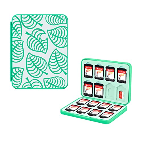 JINGDU Game Card Case for Switch, Durable & Portable Games Storage Box with 16 Game Card Slots and 16 Micro SD Card Slots Compatible with Switch / OLED / Lite Games, Animal Crossing-Leaf