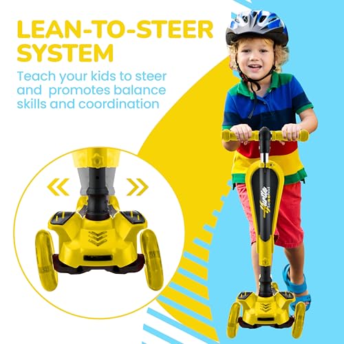 Image of Hurtle 3-Wheeled Scooter for Kids - Wheel LED Lights, Adjustable Lean-to-Steer Handlebar, and Foldable Seat - Sit or Stand Ride with Brake for Boys and Girls Ages 1-14 Years Old