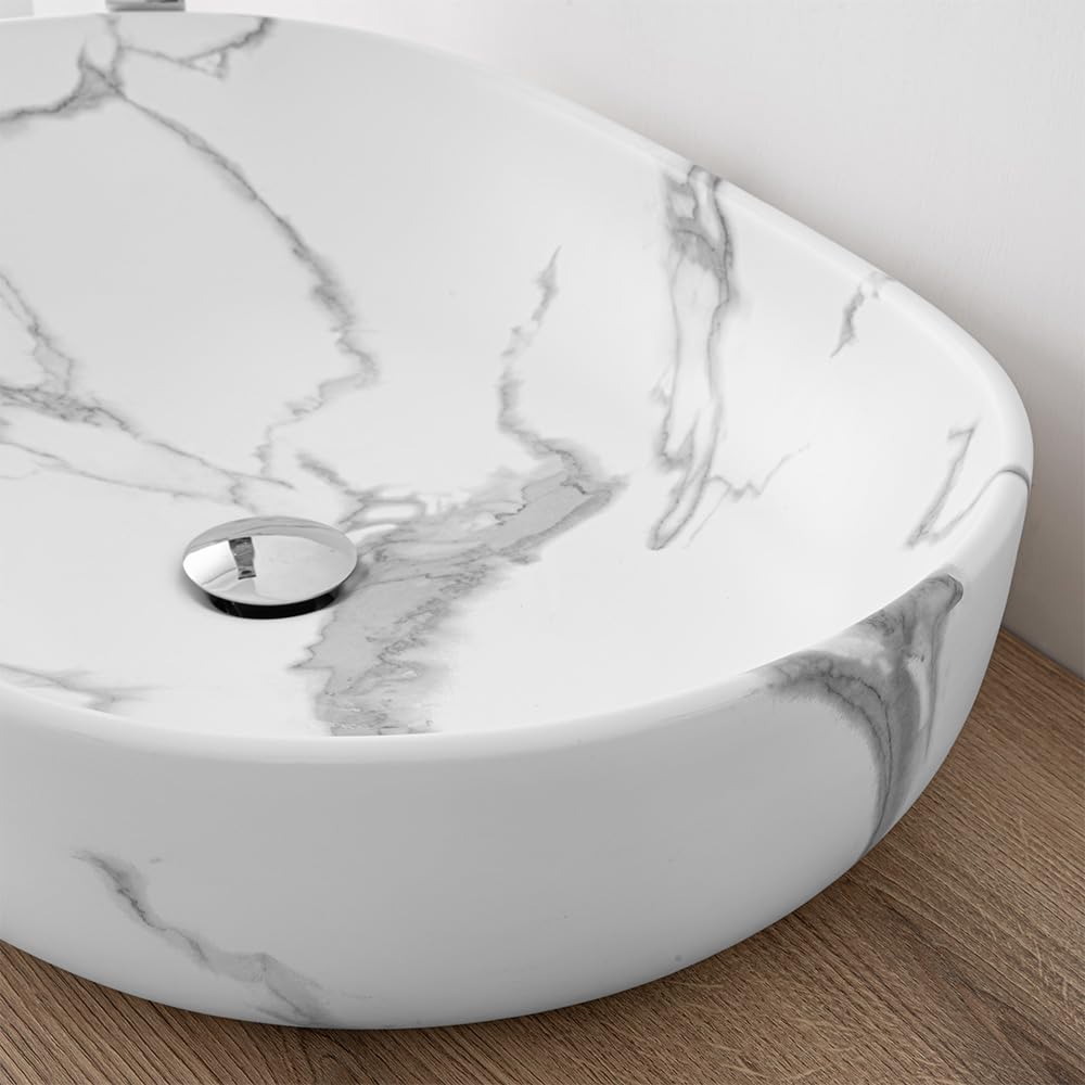Lavabo Da Appoggio Ovale 60x41 Cm Dal Design Moderno In Ceramica Dall’Effetto Marmorizzato Bianco Linea Tokyo
