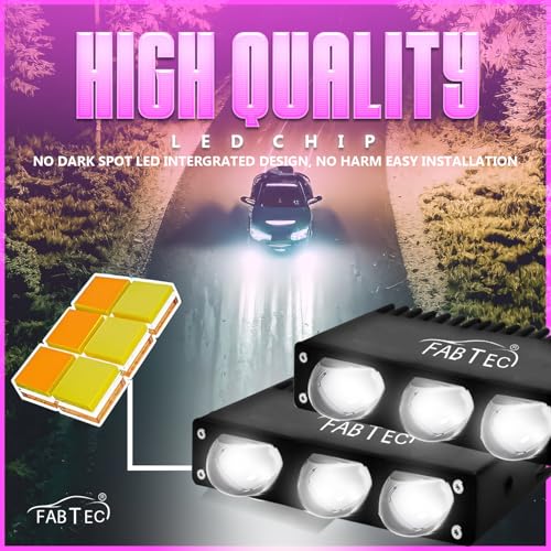 Image of FABTEC T1 Hidden Drive 100W 3 Led Bumper Projector Fog Lights, Super Bright 12000LM White+Yellow Dual Beam + Flasher Spot Beam Fog Lights for Cars (Set of 2)