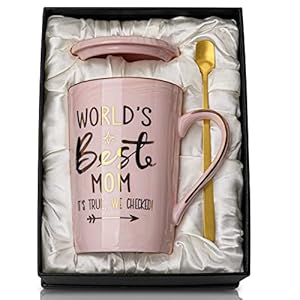 Birthday Gifts for Mom from Daughter Son – 14Oz Funny Best Mom Mug with Gold Print, Unique Pink Marble Coffee Cup with Lid Spoon Greeting Card, New Moms Christmas Day Gift Ideas, Luxury Gift-Boxed Set