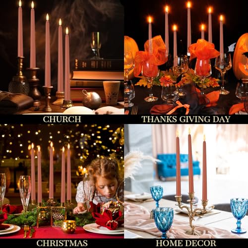 Image of Macarrie 24 Packs Flameless Taper Candles Battery Operated Fake 11 Inch Long Candlelight LED Flameless Candlesticks Flickering Tapered for Summer Fall Wedding(Brown)