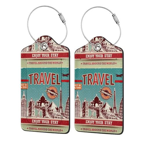 Paquete de 2 etiquetas para equipaje, diseño vintage del puente de Londres, funda de piel para privacidad, etiqueta de identificación con bucle de acero inoxidable para mujeres y hombres