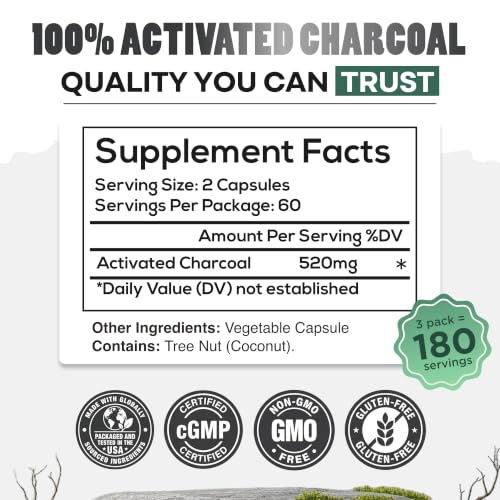 Image of Wild Foods Activated Charcoal Capsules, 100% Organic Coconut Shells, 3 Pack | 120 Count Each, Supports Bloating Relief, Lab Tested & Non-GMO Detox Pills, Worldwide Sourced