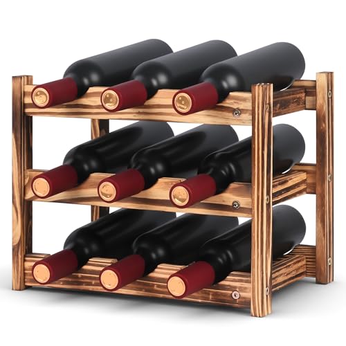 9-Bottle Wooden Wine Rack – 3-Tier Tabletop Countertop Space-Saving Wine Holder with Screwdriver Included, Easy Assembly Wine Storage Shelf for Kitchen, Bar, Pantry & Home Decor