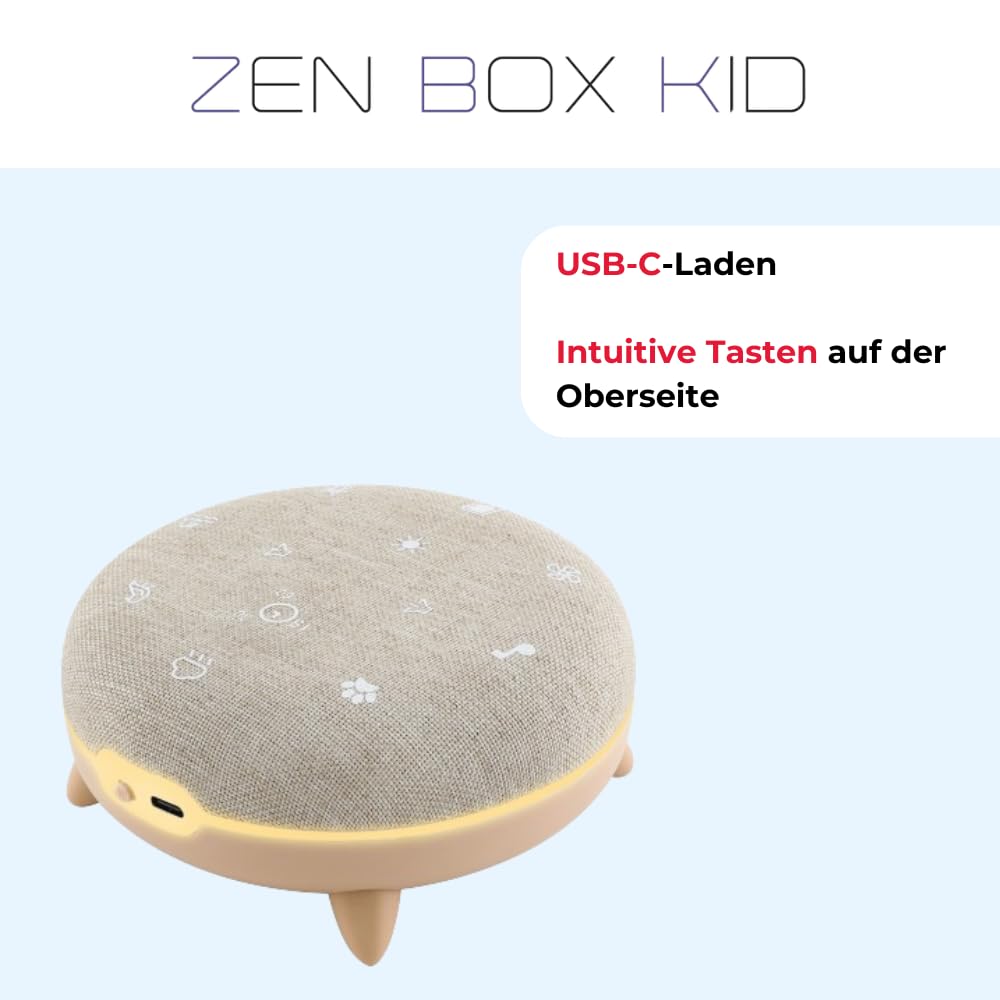 TERRAILLON - ZEN BOX KID, Baby Weißes Rauschen, Einschlafhilfe für Kinder, White Noise Machine mit 7 beruhigenden Klängen, Musik-Streaming via Bluetooth, 8 Lichtstimmungen, prog 15-30-60 min, USB-C