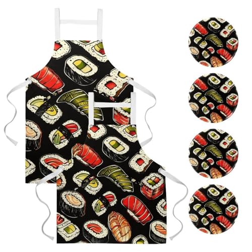 Lot de 2 tabliers de cuisine à motif sushi avec 4 broches taille unique multicolor