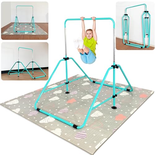 MARFULA Foldable Gymnastic Bar for Kids Ages 3-9, 9 Height Levels, 200 lbs Weight Capacity, 5 Ft Length Gymnastic Kip Bar with Mat, Gymnastic Equipment for Home and Gym Center Indoor Outdoor Use