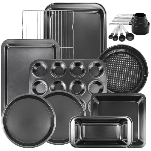 17 PCS Bakeware Set Carbon Steel Non-Stick Baking Pan Set with Sheet Muffin Loaf Tin Square Cake Deep Pan Springform Measuring Cups Cooling Rack