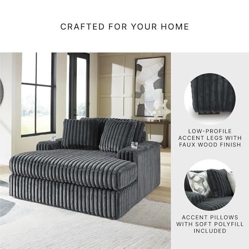 Image of Signature Design by Ashley Midnight-Madness Oversized Chaise, Gunmetal | Jumbo corduroy fabric, Indoor chaise lounge, Built-in USB port, Dual cup holders