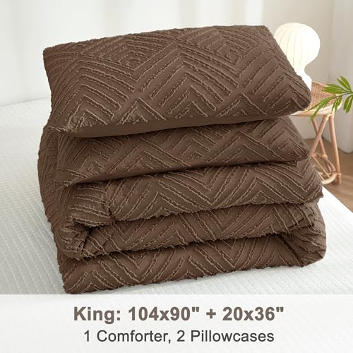 Image of Litanika Brown King Size Comforter Set, 3 Pieces Tufted Boho Farmhouse Bedding Comforter Sets, Lightweight Fluffy Comforter Bed Set for All Season (104x90In Comforter and 2 Pillowcases)