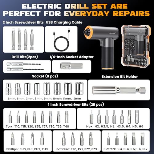 Image of MulWark Electric Screwdriver Set, 4V Cordless Screwdriver with 46 Precision Driver Bit Set, 2000mAh Electric & Manual Powered Screwdriver with Touchscreen for Home Improvement, DIY Projects