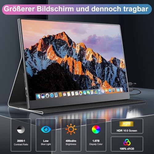 CUIUIC Portable Gaming Monitor 18,5 Zoll 120Hz, Tragbarer Laptop Full HD IPS Bildschirm mit HDR 1080P 100% sRGB, HDMI und USB Type-C Anschluss, VESA, Zweitbildschirm für Laptop/PS4/5/Xbox 2