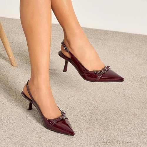 Image of Kitten Heels for Women Closed Pointed Toe Heels Patent Leather Low Heel Slingback Dress Shoes Feature Adjustable Buckle for Date Party Work Office Comfortable Sexy Pumps Shoes