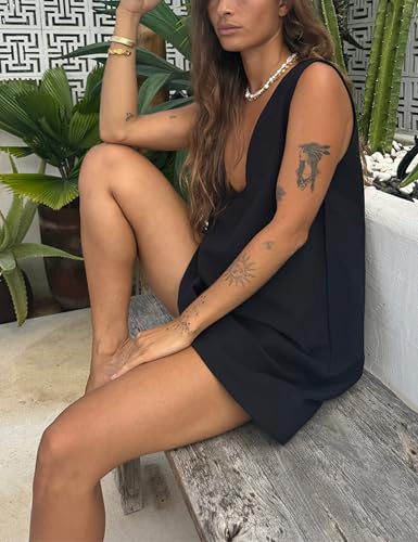 Image of Lviefent Womens Linen Mini Dress Summer Low V Neck Sleeveless Beach Sunshine Cotton Linen Mini Dress (Black-L)