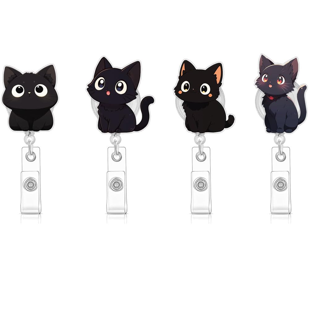 Cute Black Cat Badge Reel,Funny Cat Badge Reel Holder - Clip-On Name Badge Tag with Belt Clip, Kitty ID Card Holder for Office Worker, Doctor, Nurse,
