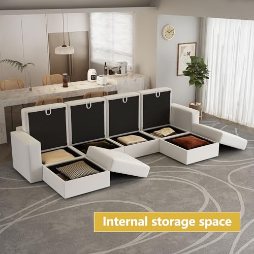 Image of QHITTY U Shaped Sectional Modular Sofa, 6 Seater Accent Couch with Hidden Extra Large Storage Space for Living Room, Beige White