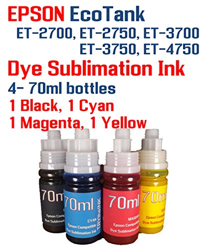 Dye Sublimation Ink 4 Multi Color 70ml Bottles - EcoTank ET-2700 ET-2750 ET-3700
