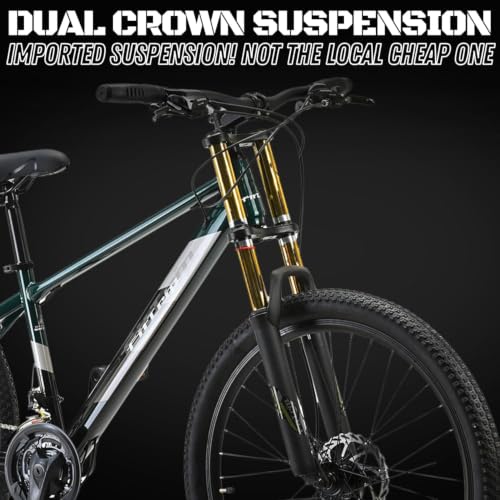 Image of FitTrip Super Dominator 21 Speed Mountain Bike, 26 Inch Stunt MTB Cycle with Imported Double Crown Suspension and Jak 7 Dual Disc Brakes, Single Speed Bicycle for Men (British Racing Green)