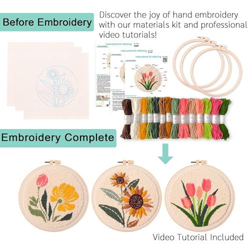Image of REEWISLY Punch Needle Embroidery Starter Kits for Beginners Flower and Grass Patterns.3Ps Embroidery Hoops,Color Threads,Instructions and Needles,DIY Adults Embroidery, Video Teaching