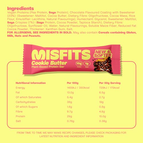 Misfits Vegan Protein Bars - Cookie Butter | Sports Nutrition Bars - 15 grams Protein | 1 gram Sugar | Plant-Based, Low Carb, High Fibre | No Palm Oil | Non-GMO | Pack of 15 - Image 3