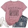 Women-Jesus-Shirts-Funny-Christian-Letter-Print-T-Shirt-Short-Sleeve-Faith-Shirt-Graphic-Tee-Tops Women Jesus is My Jam Shirt Funny Vintage Camera Print Christian Faith Tshirts Short Sleeve Graphic Tee Causal Tops(Large,Pink)