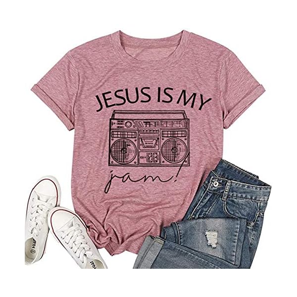 Women-Jesus-Shirts-Funny-Christian-Letter-Print-T-Shirt-Short-Sleeve-Faith-Shirt-Graphic-Tee-Tops Women Jesus is My Jam Shirt Funny Vintage Camera Print Christian Faith Tshirts Short Sleeve Graphic Tee Causal Tops(Large,Pink)