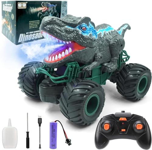 2.4GHz Remote Control Dinosaur Car Trucks Toys for Kids Boys RC Dino Car Toys with Light Sound & Spray Indoor Outdoor All Terrain Electric RC Car Toys Gifts (Tyrannosaurus Rex(Spray Function))