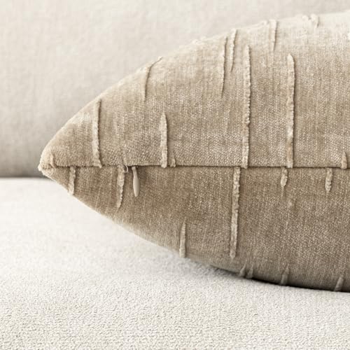Image of Foindtower Pack of 2 Slubby Textured Chenille Throw Decorative Pillow Covers Square Accent Solid Cushion Cover Neutral Farmhouse Pillow Case for Couch Sofa Bedroom Living Room 24x24 Inch,Khaki Camel