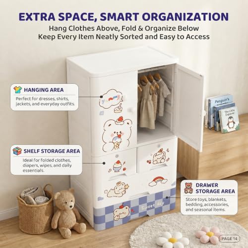 Image of StarAndDaisy Kids Wardrobe /Multifunctional Collapsible Plastic Wardrobe /Almirah for Kids- Storage Cabinet - Dustproof Baby /Wardrobe Organizer for Clothes, Toys -Cake Bear
