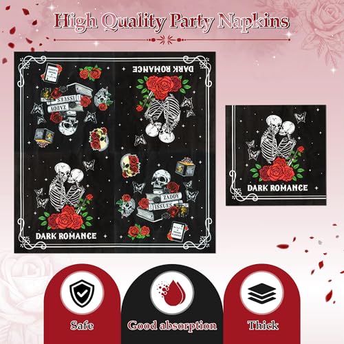 G1ngtar 96Pcs Dark Romance Book Lover Skull Rose Black Gothic Party Plates Supplies Tableware Decorations Disposable Paper Plates Napkins Forks for Birthday, Serves 24 - image 4