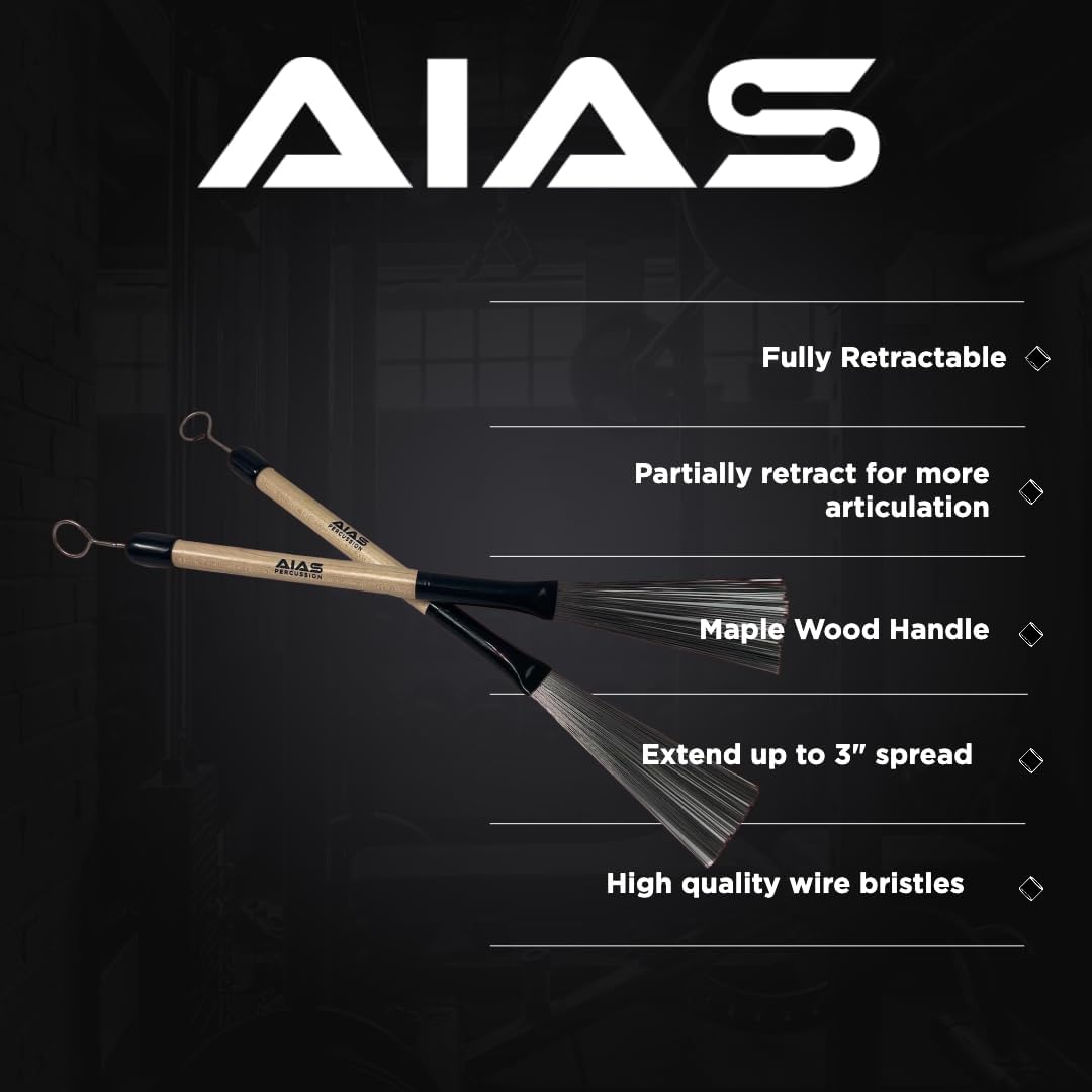 AIAS Retractable Wire Drum Brushes (AW-1) with Maple Wood Handle for Articulation Control and Dynamic Playing