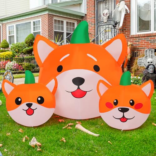 Image of GOOSH 5 FT Long Halloween Inflatables Pumpkin Dog Outdoor Decorations Blow Up Yard Dog Head Combo Decoration with Built-in LEDs for Indoor Party Garden Lawn Holiday Decor