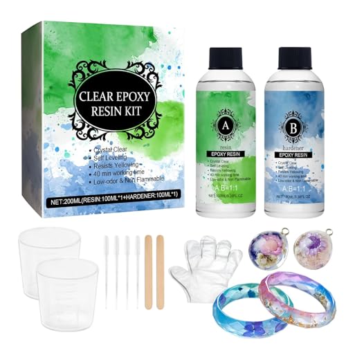 Resina Epoxi 2X177ml,Kit De Resina Transparente - Endurecedor Anti Amarillamiento Autonivelante De Alto Brillo Curado Rápido Para Reparar Joyería Arte Mesa Río
