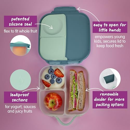 Image of b.box Mini Lunch Box Kids | 4.25 Cup Leak Proof Bento Box for Kids Ages 3+ | 3 Compartment Snack Containers, School Lunch Container, Dishwasher Safe, BPA-Free, PFAS-Free - Emerald Forest