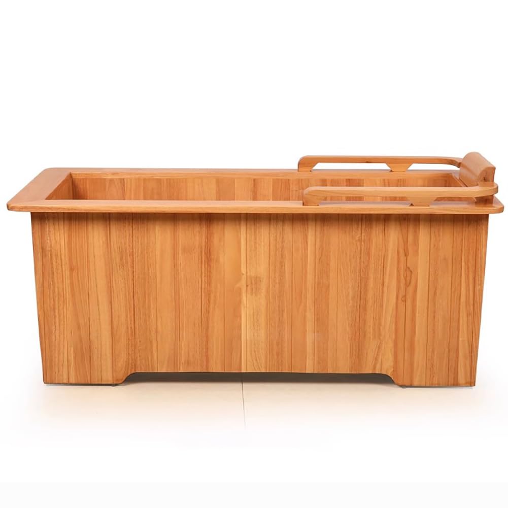 Vasca da Bagno Rettangolare in Legno, Vasca da Bagno Profonda in Legno Massello, Vasca da Bagno Antiscivolo con Panca Esterna, Cucchiaio di Legno, Vasca da Bagno Orientale,Flat Bottom 130cm