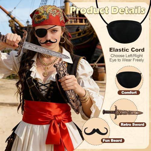 JJKOL 7 Piezas Accesorios Pirata Mujer, Disfraz Pirata Mujer, con Pañuelo, Parche en el ojo, Barba, Daga, Collar, Cinturón, Pendientes y Collares, para Disfraz Carnaval de Piratas Mujer, Flor Roja - imagen 3