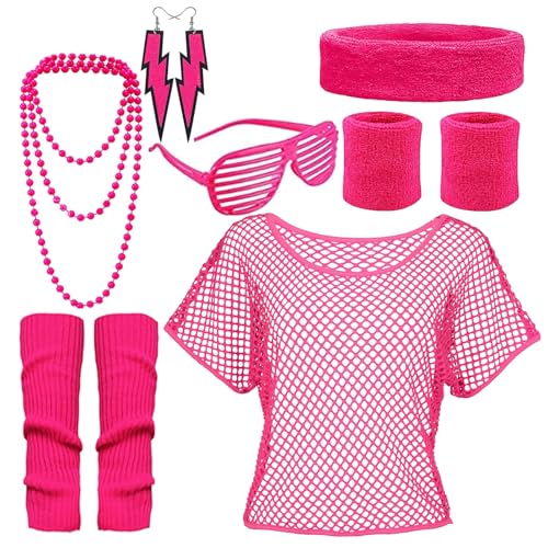 pclapora Disfarce Anos 80 mulheres néon, 80 s acessórios de fato de vestido de mulher e menina, camisa de malha, bandana, brincos, colar, luvas, óculos retro, para festas temáticas, carnaval