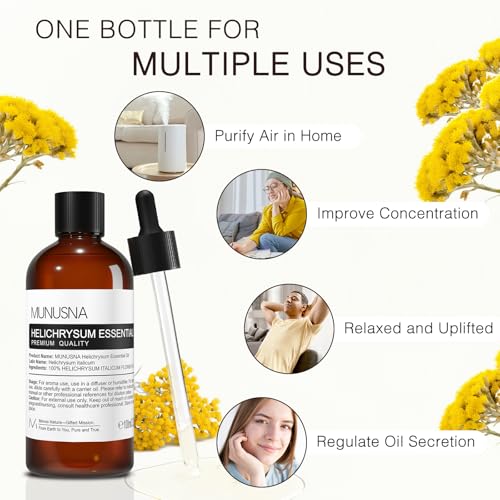 Image of Helichrysum Essential Oil for Hair Face Skin Body Care, 3.38fl.oz | Pure and Natural, Helichrysum Oil for Aromatherapy, Diffuser, Home, DIY Soap and Candle Making, 100ml